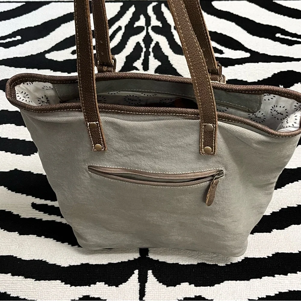 Myra Bag Beige Tribal Patterned Tote Bag Canvas Calf Hair Leather Straps